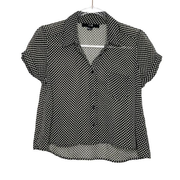 XXI Polka Dot Cropped Sheer Button Down Blouse Cap Sleeve Black White Size Small - Picture 1 of 7